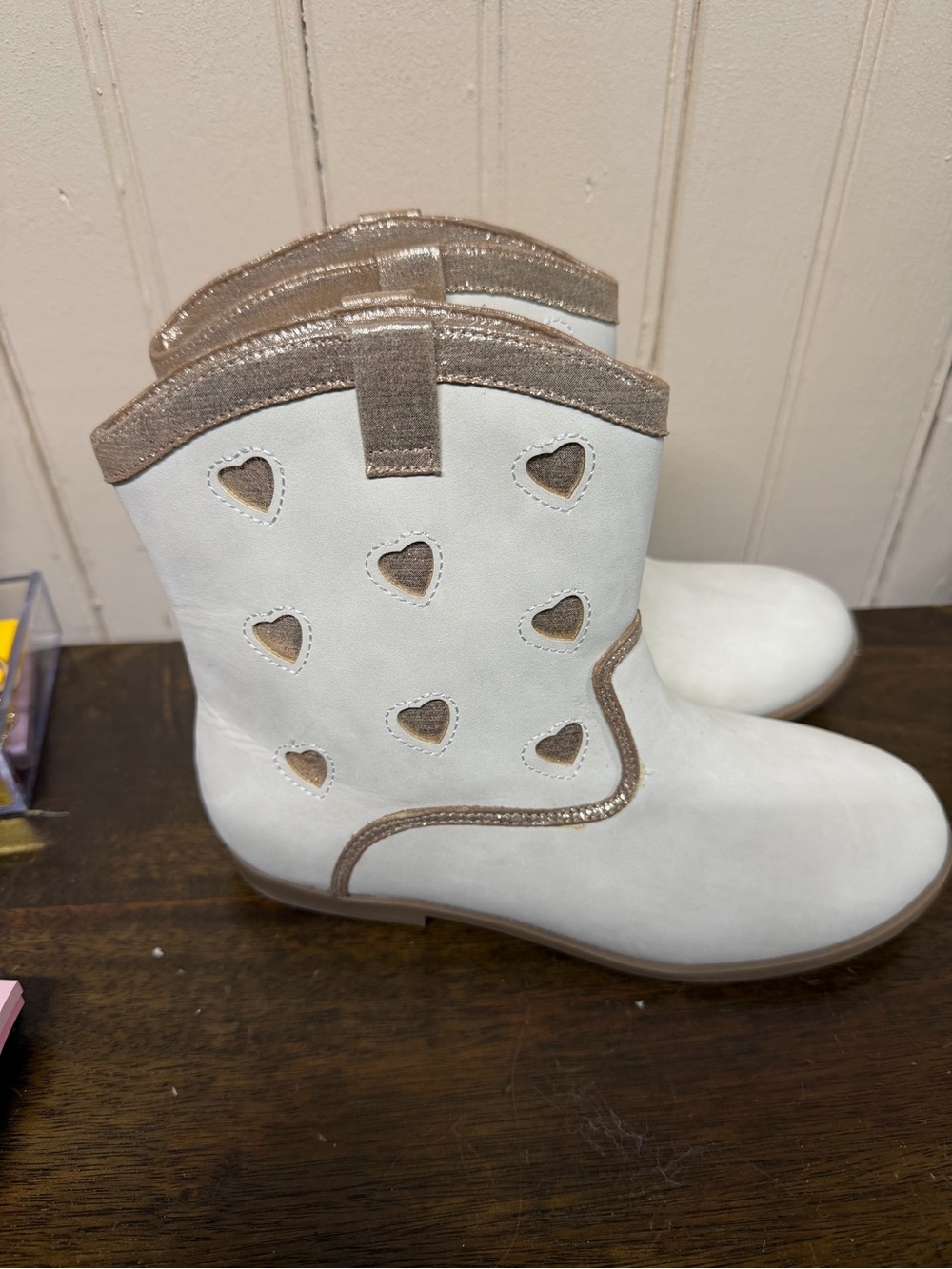 Tucker + Tate White Boots with Rose Gold Trim and Heart Cutouts